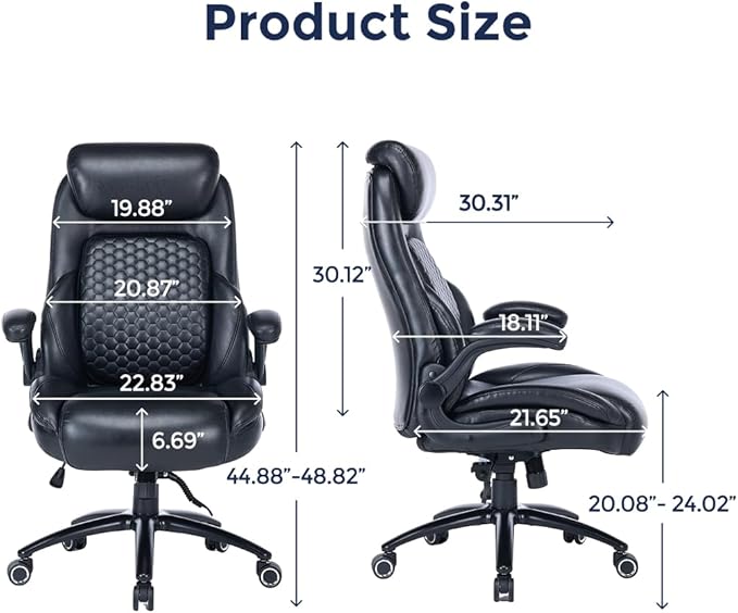 Q-Seat Office Chair with 5-Level Lumbar Adjustment | Recline & Relax Function | Heavy Duty Ergonomic Desk High Back Executive Chair | Flip-up Armrest | Adjustable Headrest | Leather Black