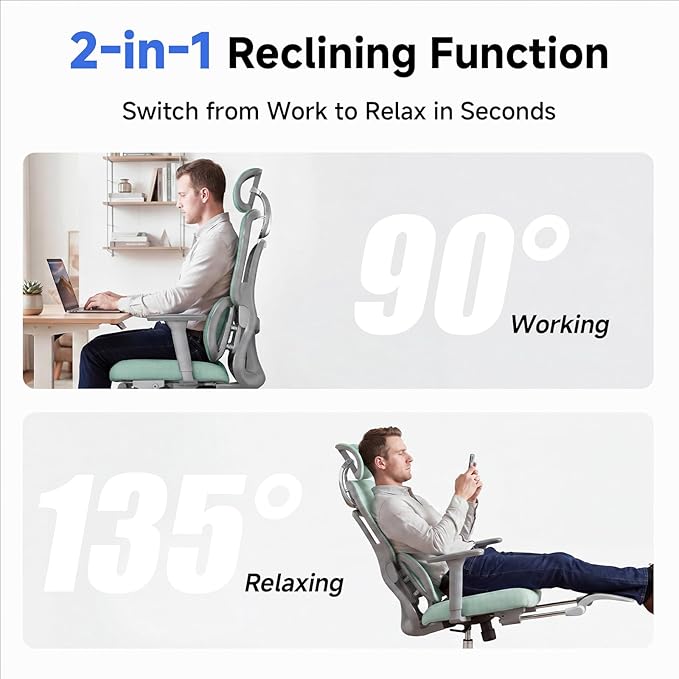 Ergonomic Office Chair with Footrest, 4D Armrests & Dynamic Lumbar Support, High Back Mesh Desk Chair with Adjustable Headrest, Reclining Computer Chair 380lbs for Long Hours (Green)