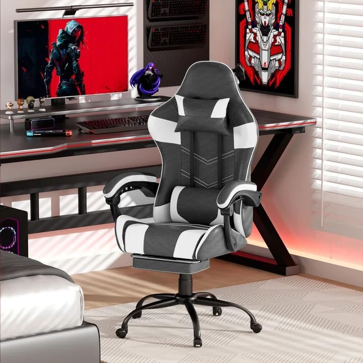 Gaming Chair with Footrest, Ergonomic Video Game Chair for Adults, White