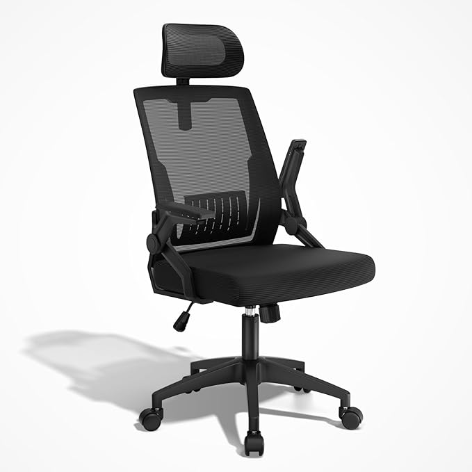 MoNiBloom High Back Mesh Office Chair with Adjustable Headrest, Flip-Up & Sliding Armrests, 18–22" Adjustable Seat Height, Ergonomic Desk Chair with Rocking Function, for Home Office, Black