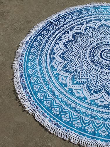 Round Beach Tapestry Turquoise Mandala Throw/Boho Hippie Beach Blanket Roundie/Indian Cotton Bohemian Large Round Table Cloth-Home Decor/Yoga Mat Meditation Picnic Rug (42", Blue and White)