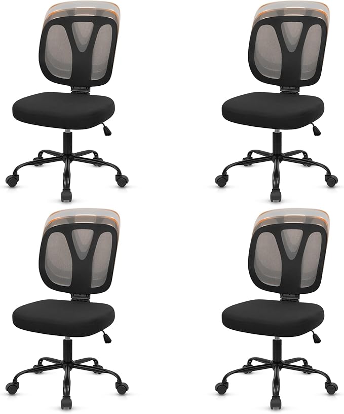 CLATINA Armless Home Office Chair, 360° Swivel Rolling Desk Chair with Lumbar Support and Wheels, Adjustable Height Mesh Back Small Ergonomic Computer Task Chair for Conference Waiting, Black(4 Pack)