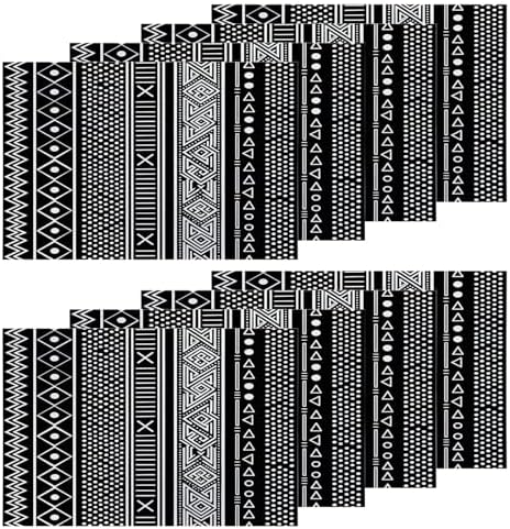 Shrahala Traditional African Geometric Set of 8 12 X 18 Inch Linen Placemats, Black and White Tribal Ethnic Burlap Table Mat Washable Double Layered Heat Insulation for Indoor/Outdoor