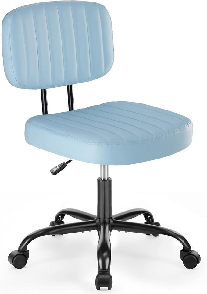 DUMOS Armless Home Office Executive Chair - Small Desk Chair with Low Back Lumbar Support, Height Adjustable PU Leather Computer Task Chair with 360° Swivel Wheels, for Adults, Blue