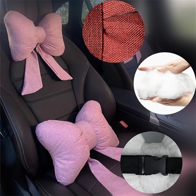 LYFJMUS 4 Pack Butterfly Bow Car Headrest Pillow Set Car Seat Neck Pillow and Lumbar Support Pillow Cotton Linen Car Headrest Pillow Set for Driving Travelling Office Home Decor