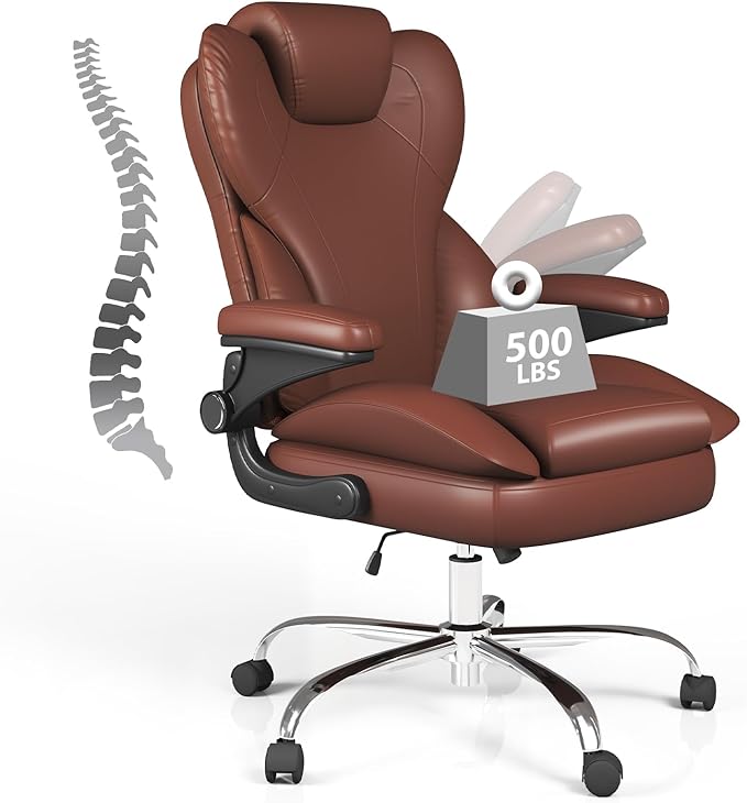 Office Chair, Home Desk Chair, Ergonomic Computer Chair with Lumbar Support, Executive Leather Chair with Flip-Up Armrests, Big and Tall Swivel Rolling Chair, Light Brown