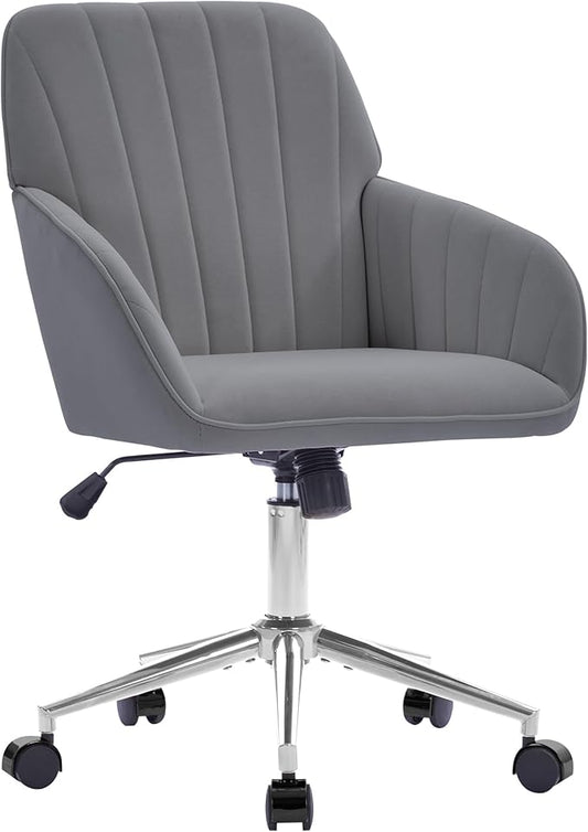 Velvet Home Office Desk Chair, Modern Cute Computer Task Chair with Back, Height Adjustable Upholstered Vanity Chair with Swivel Wheels for Women, Girls (Silver Base, Gray