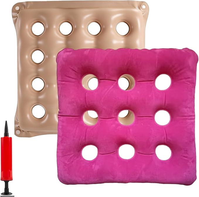 2-Pack Waffle Inflatable Seat Cushions with Pump, 18 Inch Beige 16-Hole Air Cushion for Pressure Relief, Wheelchair, Office Chair, Car Seat & Travel (Red&Beige)