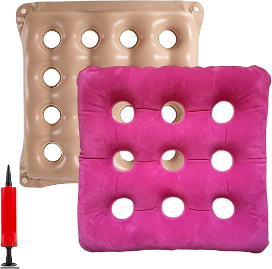 2-Pack Waffle Inflatable Seat Cushions with Pump, 18 Inch Beige 16-Hole Air Cushion for Pressure Relief, Wheelchair, Office Chair, Car Seat & Travel (Red&Beige)