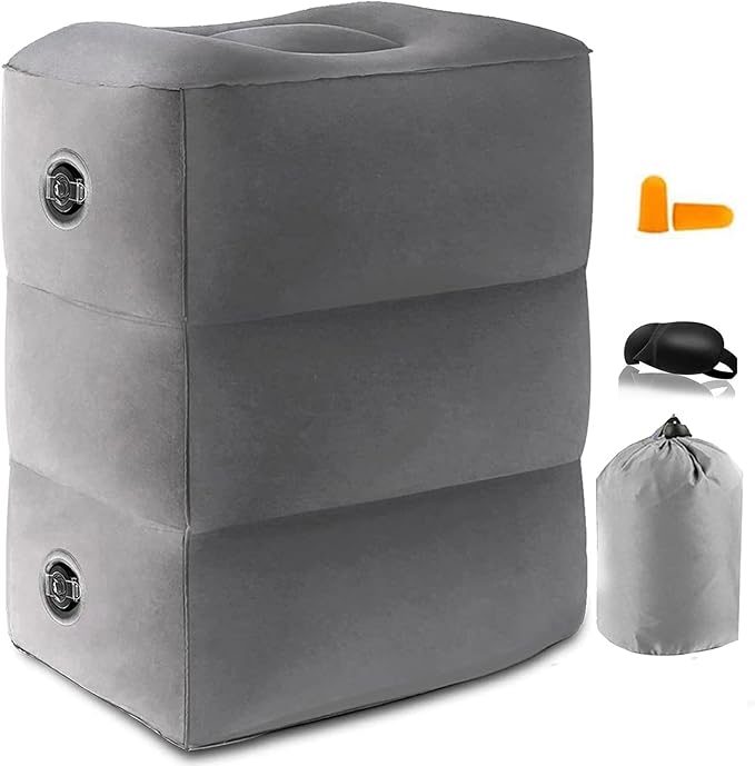 Inflatable Foot Rest Pillow for Travel, Adjustable Height Airplane Foot Cushion for Long Flights, Portable Comfort Footrest for Car, Office and Travel (Gray)