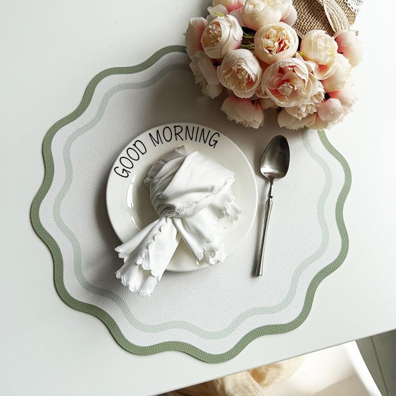 Printed Flower Shape Leather Placemat Insulated Table Mat for Kitchen Dining Table Striped Waterproof Heat-Resistant Plate Mat (Flowers Light green1,34cm Round)