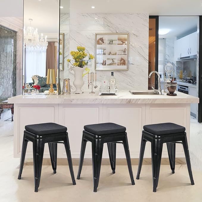 BUYUE Friendly Woven Fabric Magnetic Bar Stool Cushion 1 Piece, Enhanced Anti-Slip Breathable Small Chair Seat Pad for Café Bistro Stackable Metal Stool (Square, Black, 1)