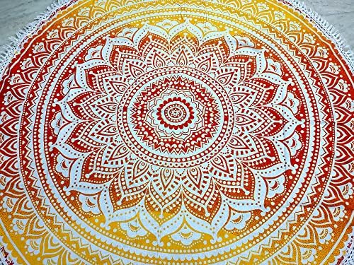 Round Beach Tapestry Turquoise Mandala Throw/Boho Hippie Beach Blanket Roundie/Indian Cotton Bohemian Large Round Table Cloth-Home Decor/Yoga Mat Meditation Picnic Rug (70", Yellow-Orange)