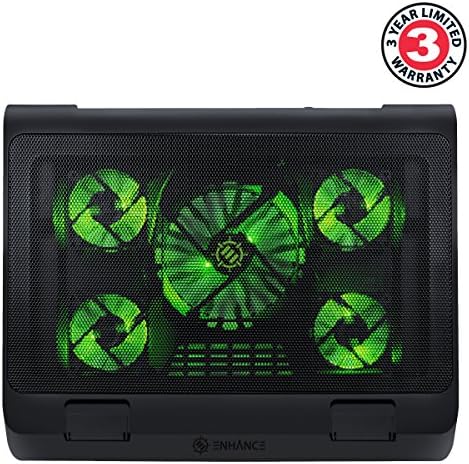 Enhance Gaming Laptop Cooling Pad Stand with LED Cooler Fans, Adjustable Height, & Dual USB Port for 17 inch Laptops - 5 Ultra Quiet High Performance Fans 2630 RPM & Built-in Bumpers - Green
