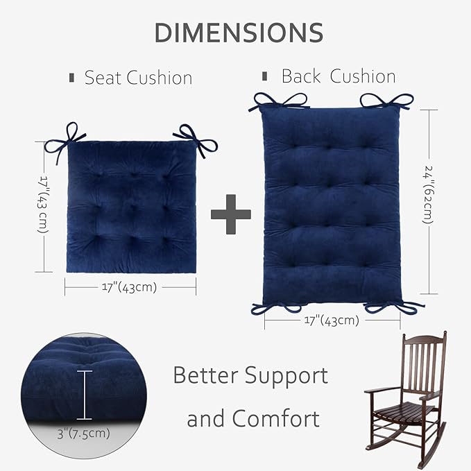 ELFJOY Rocking Chair Cushion Large Rocking Chair Pads with Ties Premium Tufted High Back and Seat Cushion 2 Piece Set Navy
