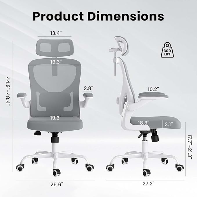 Ergonomic Mesh Office Chairs with Lumbar Support and Adjustable Headrest, High Back Comfortable Computer Desk Chair with Wheels and Armrests, Home Office Rolling Gaming Chair, Max Load 350 lbs (Gray)