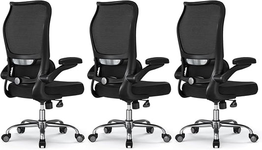TRALT Ergonomic Office Chair - Desk Chair with Wave High Back Adjustable Lumbar Support Computer Chair - Gaming Chairs Mesh Backrest and PU Leather Seat for Home Reading Chairs (Black Pack of 3)