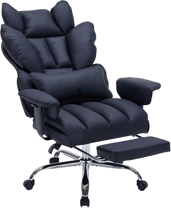 Garvee Big and Tall Office Chair, Executive Leather Office Chair with Footrest, 400lbs Ergonomic Gaming Chair for Adults, Wide Seat Computer Desk Chair with Lumbar Support, 150 Degree Reclining, Black