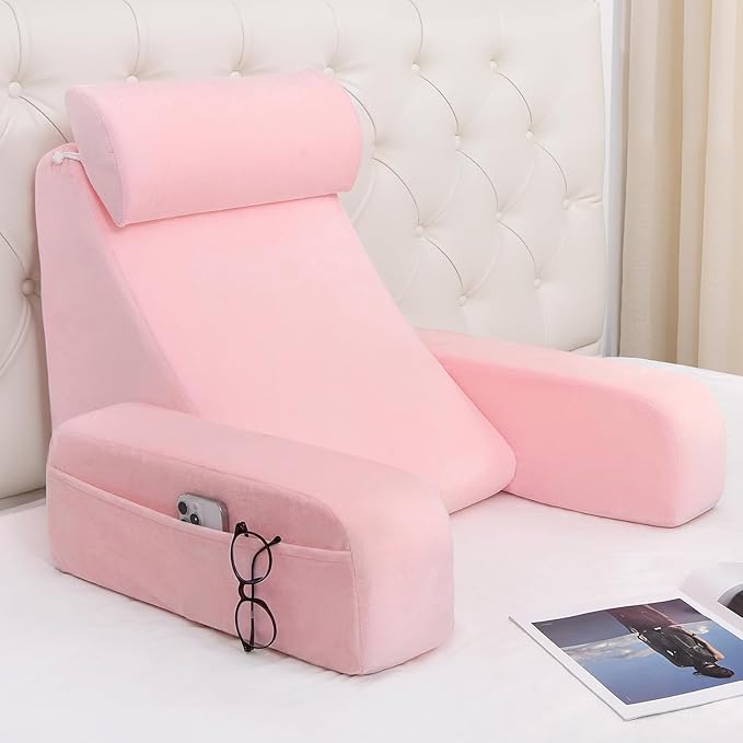 ENITYA 19" Back Support Pillow,Reading Pillow with Built-in Arms & Large Pockets, Removable Washable Cover, Wedge for Sitting,Reclining,Watching TV,Post Surgery in Bed,Couch or Floor,Medium Firm,Pink