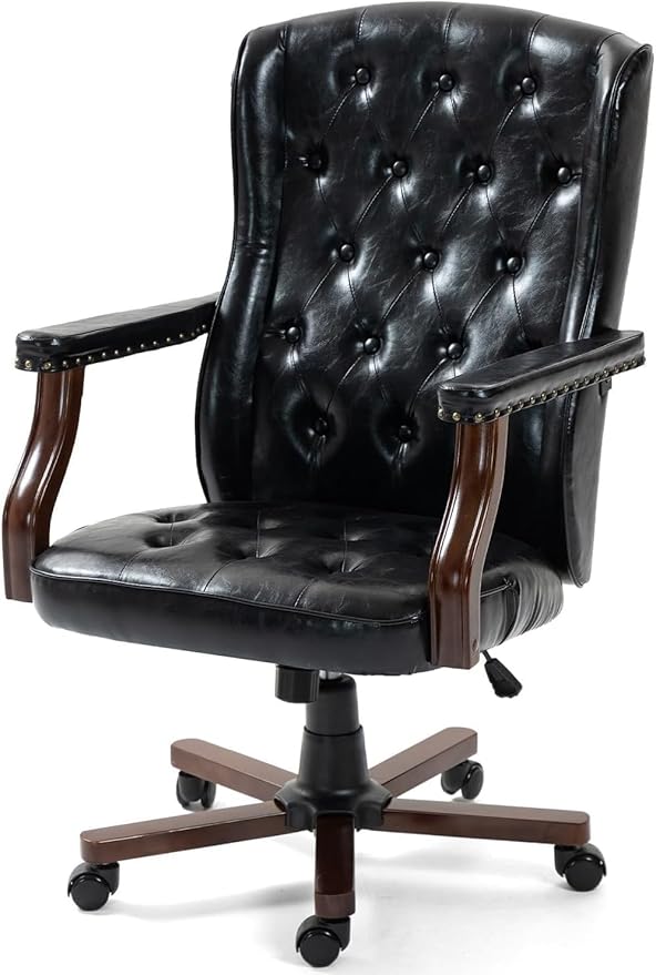 Executive Office Chair, Ergonomic Faux Leather Desk Chair with Wingback Design, Swivel Adjustable Home Office Chair for Computer Desk, Comfortable Task Chair for Home Office, Black