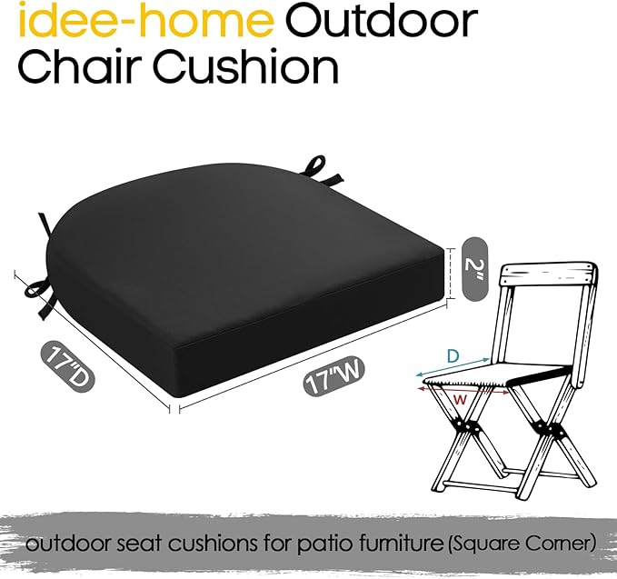 idee-home Outdoor Chair Cushions Set of 4, Thick 17" x 17" Outdoor Seat Cushions Patio Furniture Waterproof with Ties, Dining Pads