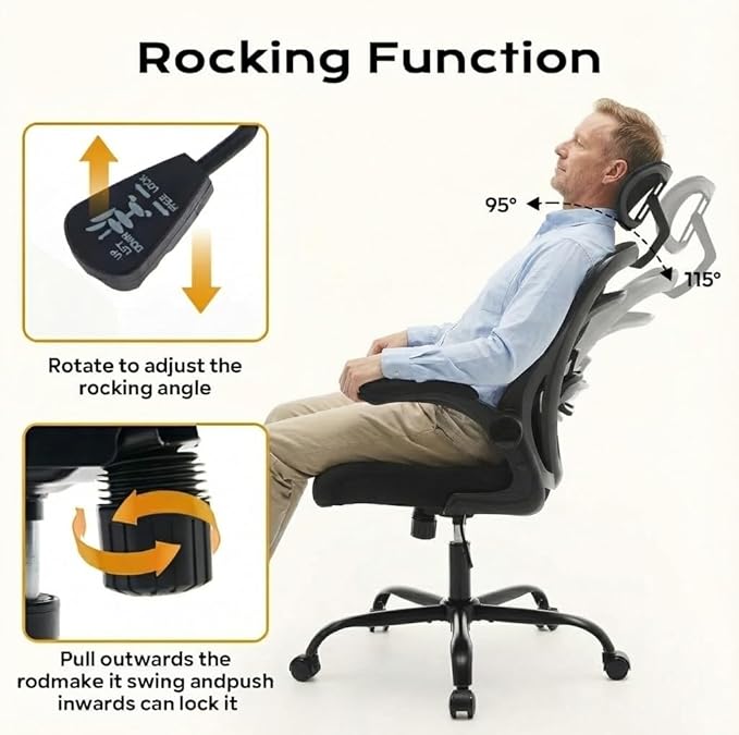 Ergonomic Mesh Office Chair, High Back Desk Chair with Adjustable Lumbar Support & Headrest, Flip-Up Armrests, 300 Lbs Capacity, Swivel Rocking Computer Chair for Home Office Study Bedroom Black