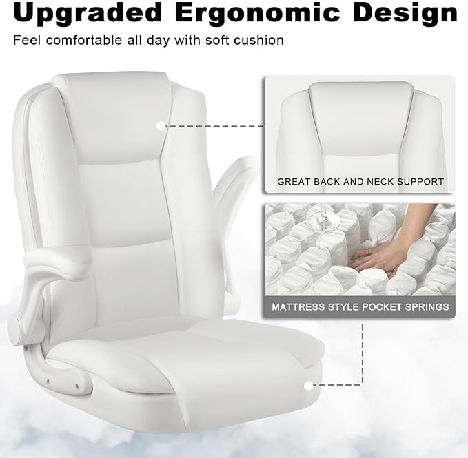 OFIKA Leather Office Desk Chair,Ergonomic Office Chair with Lumbar Support,Computer Chair,Executive Leather Chair with Padded Flip-up Arm,Adjustable Armrests, Black,275LBS