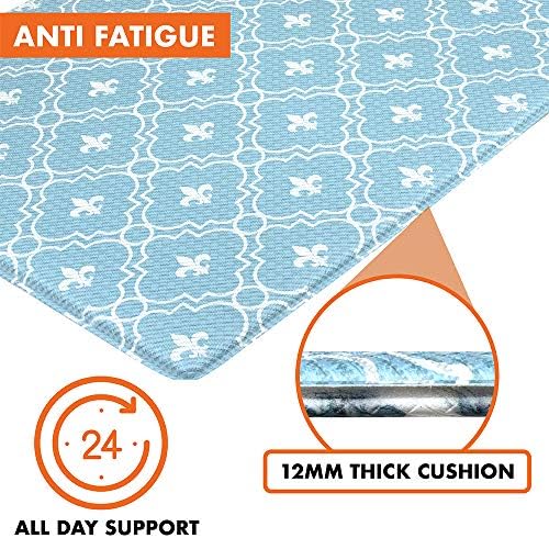 OPUX Anti Fatigue Kitchen Floor Mat, Reversible Cushioned Memory Foam Kitchen Rug Pad, Waterproof Non-Slip Padded Comfort Standing Mat Office Laundry Home, 47x17 (Floral Tile Blue)