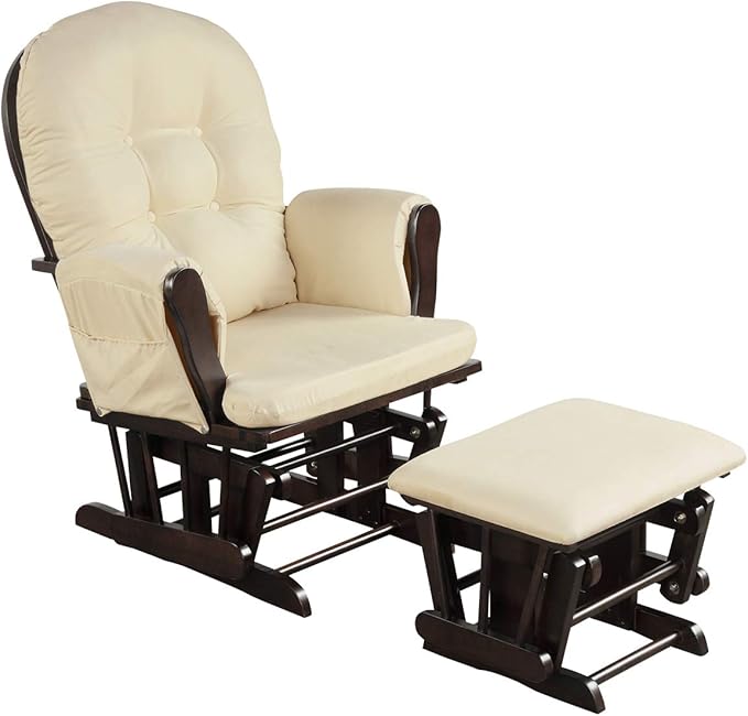 Costzon Nursery Glider with Ottoman, Upholstered Comfort Glider Rocker with Padded Cushion, Storage Pocket, Solid Wood Base, Rocking Chair Nursery for Breastfeeding, Napping (Beige)