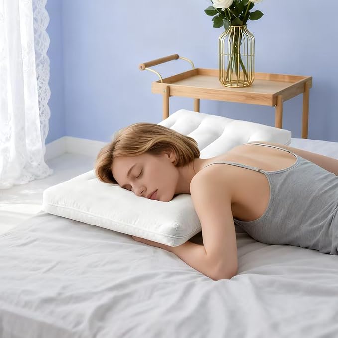 Flat Pillow - Ultra Thin & Adjustable Low Pillow for Side Back Stomach Sleepers, Relief Neck & Shoulder Pain, Customizable Support with Baffle Box Design to Hold Shape, Cotton Cover as Insert
