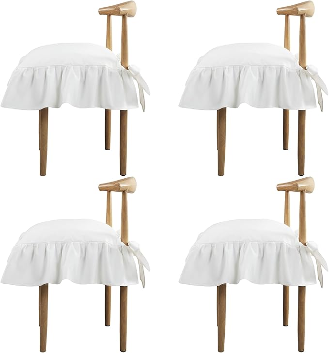 4 Pcs Ruffle Chair Cushions Cover 17.5''x17.5'' French Chair Pad Slipcover with Ties Ruffled Skirt Seat Cover Farmhouse Decor Covers Only, for Home Dining Kitchen Chairs Cushion