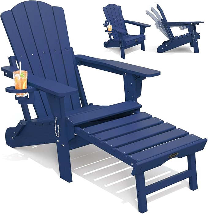 THOEOE Adjustable Adirondack Chair with Retractable Ottoman, HDEP Folding Adirondack Chairs with Footrest 2-in-1 Cup Holder, All Weather Outoor Fire Pit Chair with Foot Rest Set 1 Navy Blue