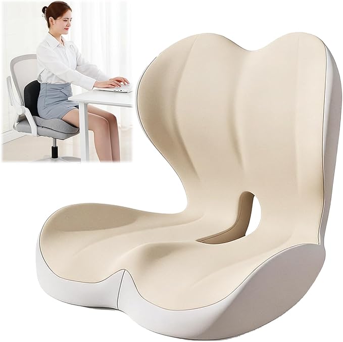 Orthopedic Cushion, Seat Cushion for Office Chair and Car, Ergonomic Memory Foam L-Shaped Integrated Seat Cushions, Lumbar Support & Tailbone Pain Relief for Office Chair Car Wheelchair (C-Beige)