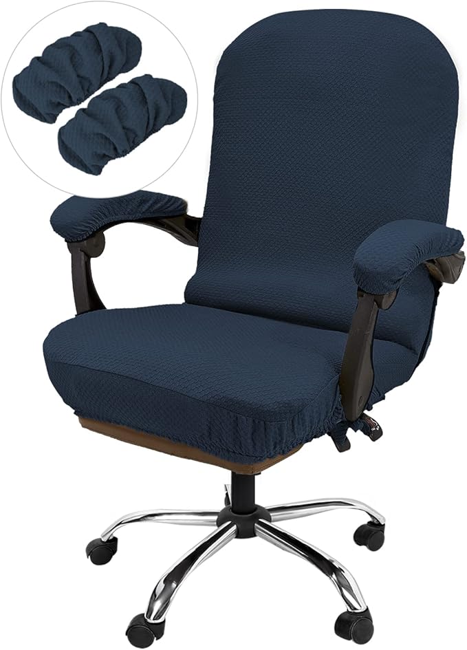 NeColorLife Stretchable Office Chair Cover with Armrest Covers - Thick Checked Jacquard High Back Desk Chair Slipcover for Rotating Chairs (Large Size,Navy Blue)