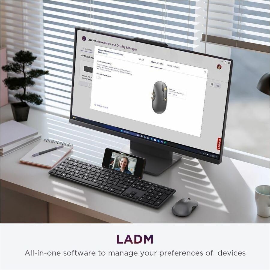 Lenovo 700 Modern Wireless Keyboard & Mouse Combo, 2.4 GHz Dongle & Dual Bluetooth Connection, AES-128 Encryption, 36 Month Battery Life, Quiet Mouse, Luna Grey