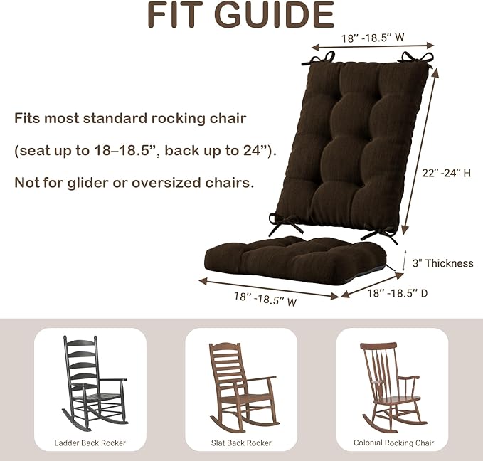 Codi Rocking Chair Cushions Indoor, Water Resistant Glider Rocker Replacement Cushion Set for Patio Porch Garden - Fits Most Standard Rockers, Brown 1PK