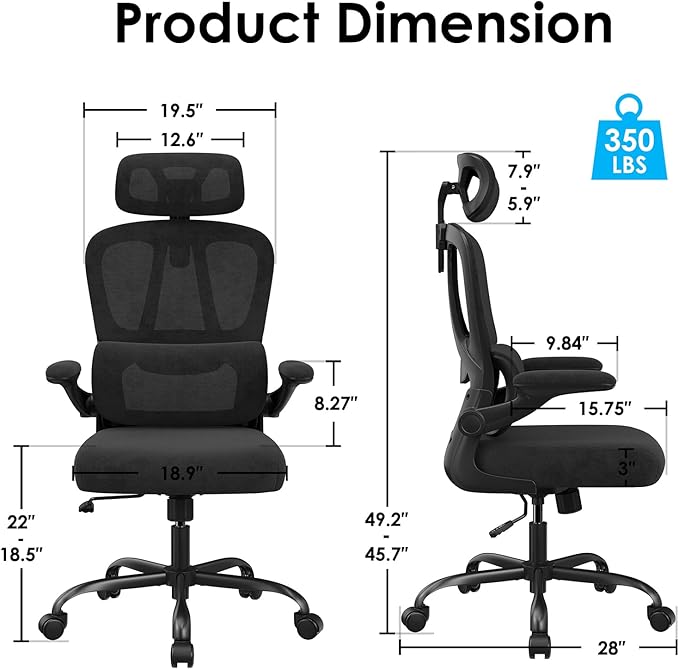 Breathable All-Mesh Ergonomic Chair with Headrest - High Back Desk Chair for Cool, Sweat-Free Work Sessions, Silent Casters Perfect for Bedroom Office (Black)