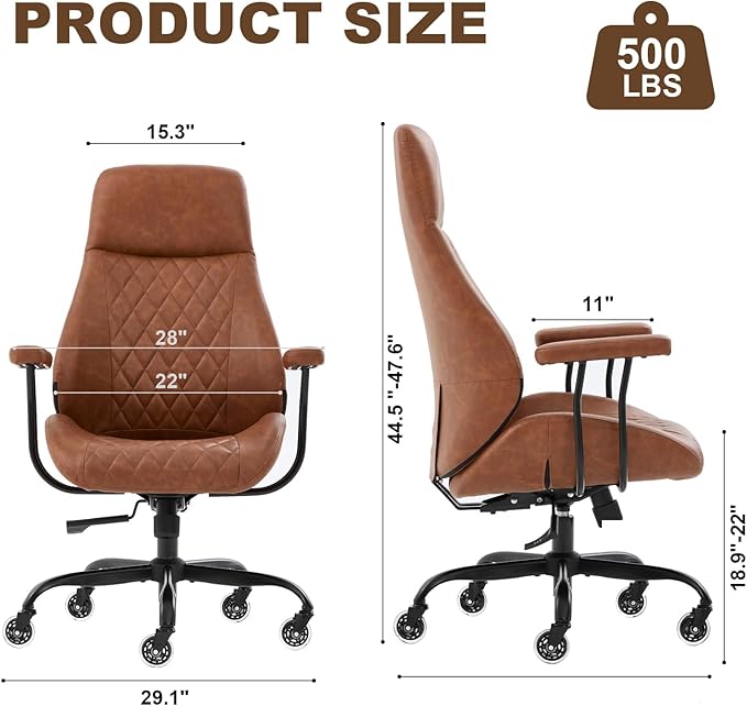 E-Motie Office Chair with Rubber Wheels, Ergonomic Computer Chair 500 lbs, Leather Desk Chair with Lumbar Support, Executive Chair Adjustable Height & Recline, Brown
