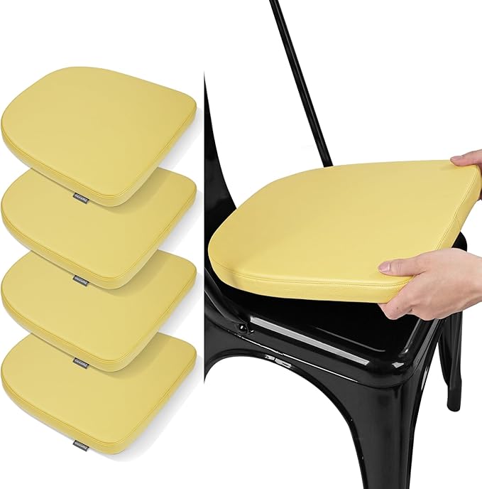 SINOSSO Modern Faux Leather 14" Metal Chair Cushions Set of 4, Leathaire Magnetic Chair Pads for Dining Kitchen Cafe Bistro Stackable Chairs (U-Shape, Yellow, 4)