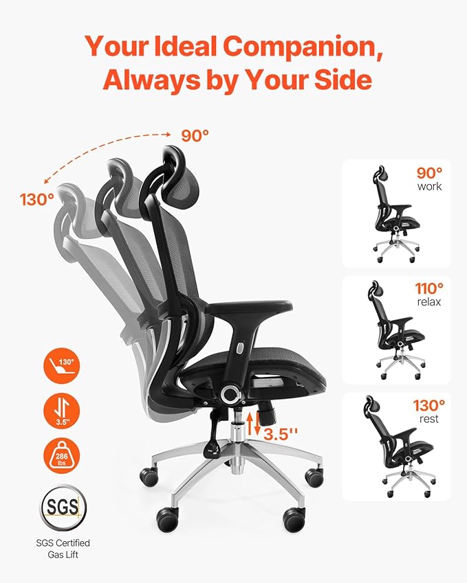 VEVOR Ergonomic Office Chair, High Back Home Desk Chair with Adjustable Headrest, Flip-Up Arms, 90-130° Tilt Lock & Wide Backrest, Lumbar Support, Computer Mesh Chairs for Man Woman, Black Task Chair