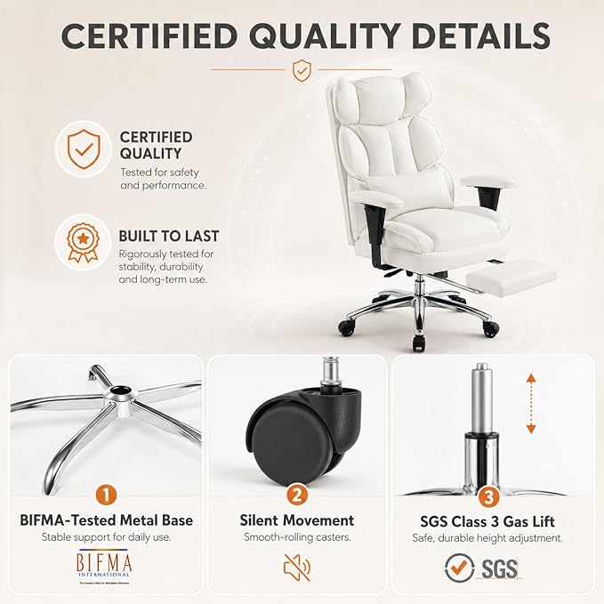 Big and Tall Ergonomic Office Chair with Footrest, Executive High Back PU Leather Desk Chair, Reclining Computer Chair with Adjustable Lumbar Support and Armrests, Swivel Rolling Gaming Chair, Beige