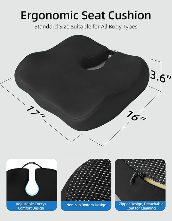 Extra Dense Orthopedic Seat Cushion, Ergonomic Memory Foam Seat Cushion for Office Chair，Desk Chair，Car，Wheelchair, Tailbone Hip Sciatica Pain Relief Cushion for Long Sitting（Black）