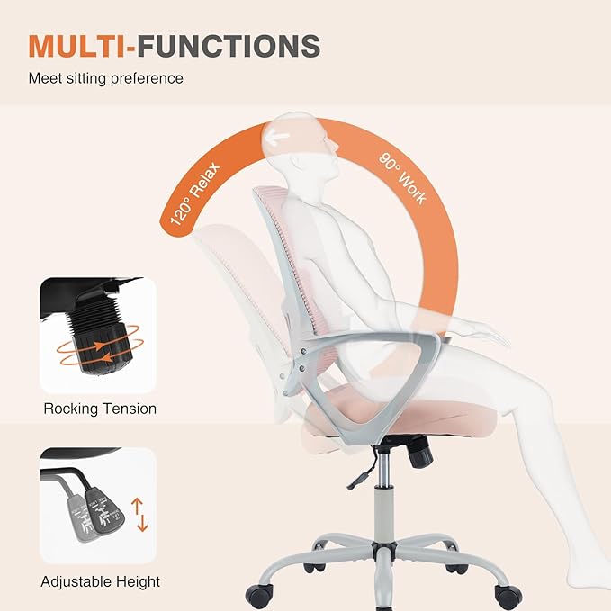 Sweetcrispy Home Office Managerial Executive Chair with Ergonomic Design, Mid-Back Mesh Swivel, Comfortable Lumbar Support, Comfy Arms for Bedroom,Study,Student