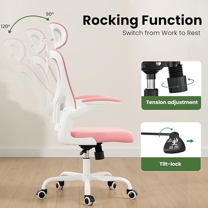 Breathable Mesh Elegance Office Chair, Modern Refined Office Chair with Adjustable Lumbar & Headrest, Minimalist Single Sofa Chairs for Home Office & Study, Pink,White