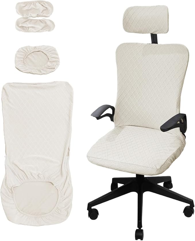Ergonomic Office Chair Covers Set with Headrest Cover Stretch Desk Computer Chair and Headrest Slipcovers Washable Protector Slipcovers for Swivel Computer Chair 4 Pieces White