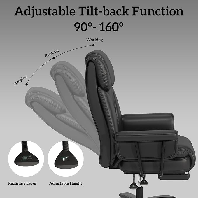 GYI 160 Reclining Office Chair with Footrest, Big and Tall High Back Home Office Chair, Leather Computer Desk Chair with Cross Legged Seat, Arms, Wheels, Black