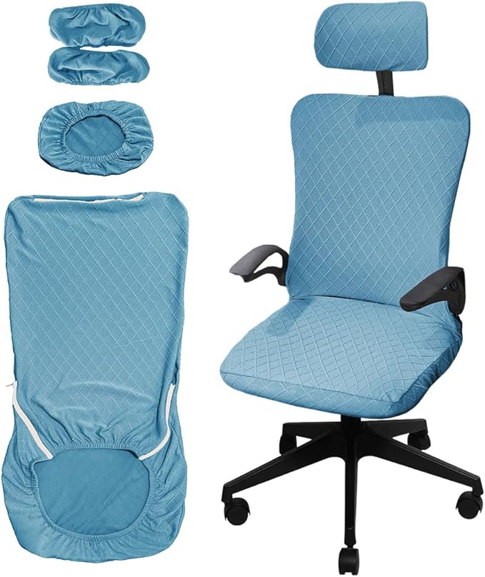 Ergonomic Office Chair Covers Set with Headrest Cover Stretch Desk Computer Chair and Headrest Slipcovers Washable Protector Slipcovers for Swivel Computer Chair 4 Pieces Azure