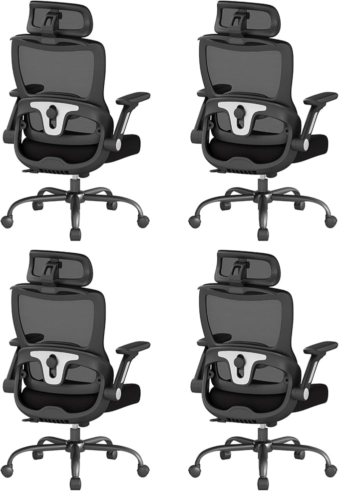 Ergonomic Office Chair, Home Computer Chair with 3D Adjustable Headrest and 4D Flip-Up Armrests, Adjustable Lumbar Support, Suitable for Office and Study, 4PC, Black