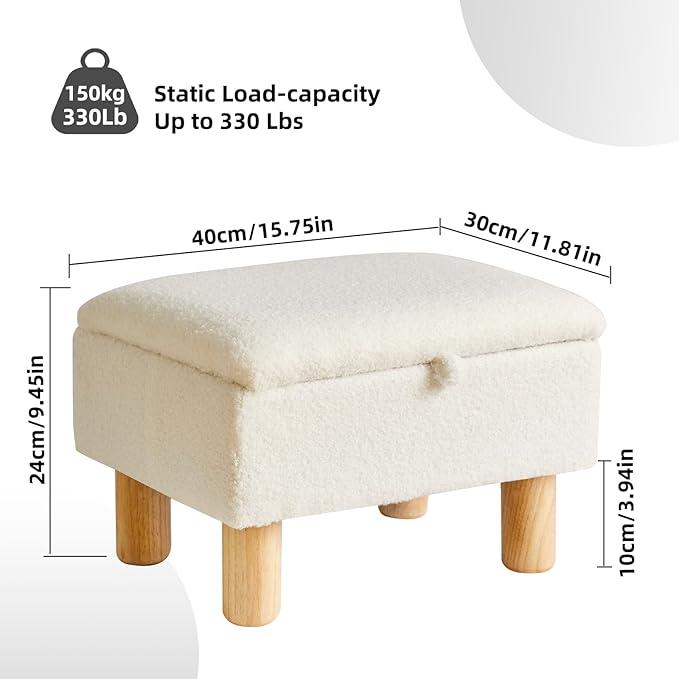 Aibiju Ottoman with Storage, Small Foot Rest for Couch 16x12x9.5inch, Safety Hinge Flip Top Foot Stool Load up to 330lb for Living Room Dorm Teddy White YD-JD136W