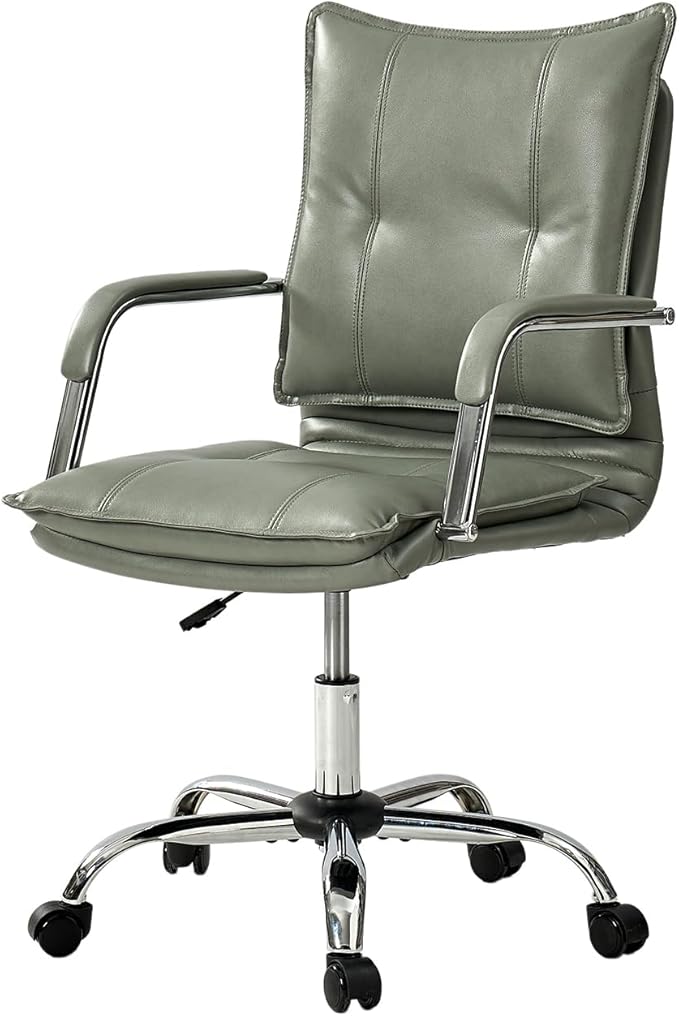 HULALA HOME Faux Leather Home Office Desk Chair, Adjustable Swivel Computer Chair with Sliver Legs and Arms, Comfy Upholstered Task Chair(Sage)